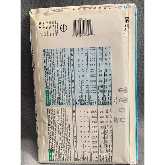 Vintage 1990s See & Sew 4961 Sewing Pattern Women's Vest & Culottes Size 18-22 - Picture 2 of 2